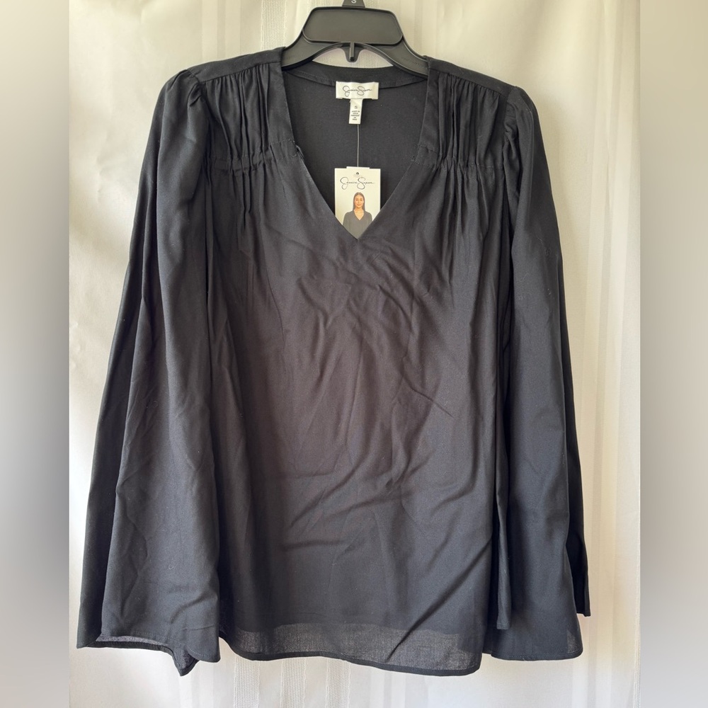 Jessica Simpson Leslie Boho Long Flare Sleeve Drawstring Top Black Sz S NWT